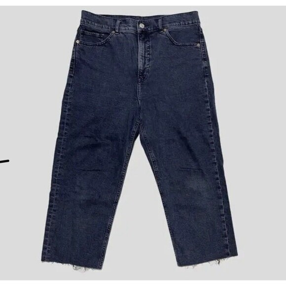 Express Mom Jean Size 8 Black Washed Stretch Cropped Raw Hem Denim - Picture 2 of 14